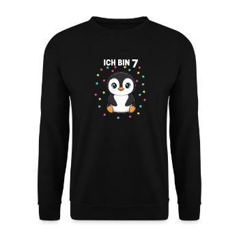 Ich bin 7 - Süßes Pinguin zum 7. Geburtstag - Unisex Pullover - Schwarz - Vorne - Alina (178cm) & Michal (187cm)