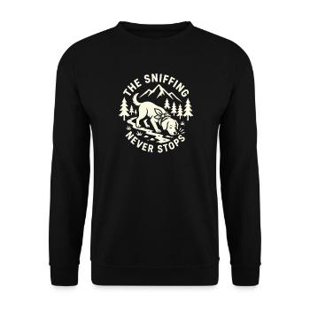 Das Schnüffeln hört nie auf, das Design des Hundewanderns - Unisex Pullover - Schwarz - Vorne - Alina (178cm) & Michal (187cm)