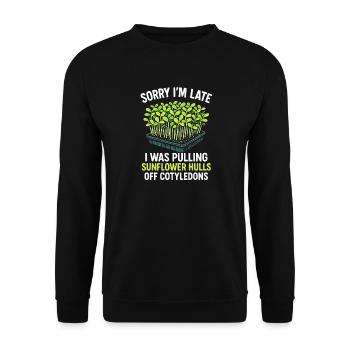 Zu spät wegen Sonnenblumenhüllen | Microgreens - Unisex Pullover - Schwarz - Vorne - Alina (178cm) & Michal (187cm)