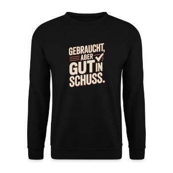 Gebraucht Aber Gut In Schuss Oldtimer GeburtstagGe - Unisex Pullover - Schwarz - Vorne - Alina (178cm) & Michal (187cm)