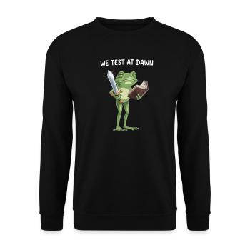 Dawn Quest Frosch: Schwert & Buch - Unisex Pullover - Schwarz - Vorne - Alina (178cm) & Michal (187cm)