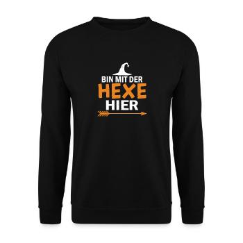 Bin mit der Hexe Hier – Hexen Humor  - Unisex Pullover - Schwarz - Vorne - Alina (178cm) & Michal (187cm)