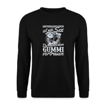 Motorrad Humor Sex Gummi Vertrauen - Unisex Pullover - Schwarz - Vorne - Alina (178cm) & Michal (187cm)
