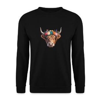 Kuh mit Blumenkrone - Unisex Pullover - Schwarz - Vorne - Alina (178cm) & Michal (187cm)