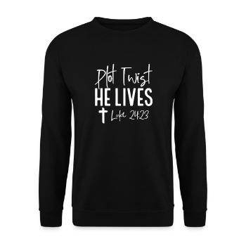 Plot-Twist: Er lebt Lukas 24,23 - Unisex Pullover - Schwarz - Vorne - Alina (178cm) & Michal (187cm)