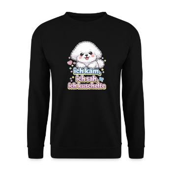Kuschelhund Spruch Ich kam, ich sah, ich kuschelte - Unisex Pullover - Schwarz - Vorne - Alina (178cm) & Michal (187cm)
