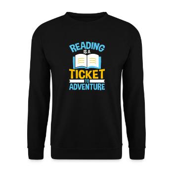 Lesen ist Ticket zu Abenteuern - Unisex Pullover - Schwarz - Vorne - Alina (178cm) & Michal (187cm)
