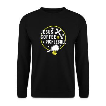 Jesus Kaffee Pickleball Design - Unisex Pullover - Schwarz - Vorne - Alina (178cm) & Michal (187cm)