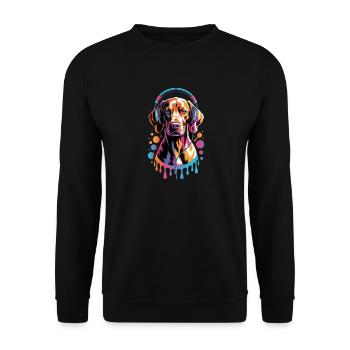 Viszla mit Kopfhörer - Unisex Pullover - Schwarz - Vorne - Alina (178cm) & Michal (187cm)