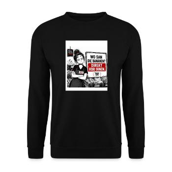 „Wo sind die Bananen?“ – Direkt vor Ihnen. - Unisex Pullover - Schwarz - Vorne - Alina (178cm) & Michal (187cm)