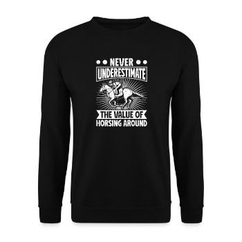 Hobby Horse Rider NEver Underestimate Horsing - Unisex Pullover - Schwarz - Vorne - Alina (178cm) & Michal (187cm)