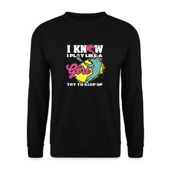 Ich weiß, ich spiele wie ein Mädchen Lacrosse-Neon - Unisex Pullover - Schwarz - Vorne - Alina (178cm) & Michal (187cm)