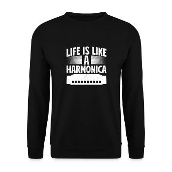 La vie d’un musicien d’harmonica est comme un harmonica - Sweat-shirt Unisexe - noir - Devant - Alina (178cm) & Michal (187cm)