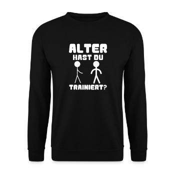  Alter Hast Du Trainiert? Strichmännchen Fitness - Unisex Pullover - Schwarz - Vorne - Alina (178cm) & Michal (187cm)