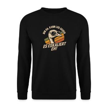 Es Eskaliert Eh Strauß Vogel Party Humor Spruch - Unisex Pullover - Schwarz - Vorne - Alina (178cm) & Michal (187cm)