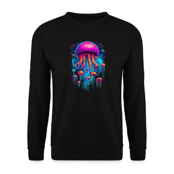 Bunte Rhapsodie: Quallen in kosmischer Harmonie - Unisex Pullover - Schwarz - Vorne - Alina (178cm) & Michal (187cm)