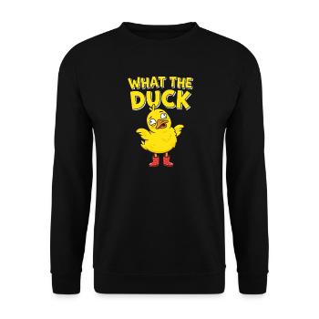 What the Duck: Yellow Duck with Boots - Unisex Sweatshirt - black - Front - Alina (178cm) & Michal (187cm)