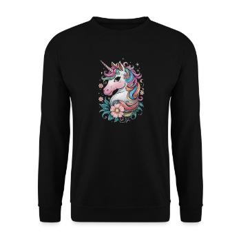 Magisches Einhorn mit Blumen und Regenbogenmähne - Unisex Pullover - Schwarz - Vorne - Alina (178cm) & Michal (187cm)
