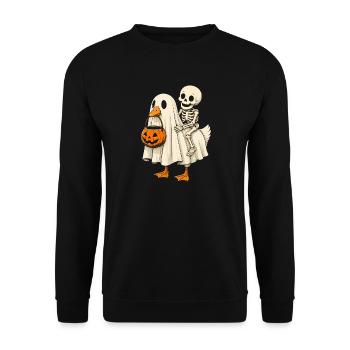 Geist mit Skelett auf Halloween-Kürbiskorb - Unisex Pullover - Schwarz - Vorne - Alina (178cm) & Michal (187cm)