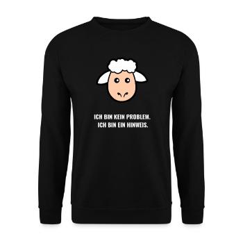 Hinweis statt Problem – Schaf Spruch - Unisex Pullover - Schwarz - Vorne - Alina (178cm) & Michal (187cm)