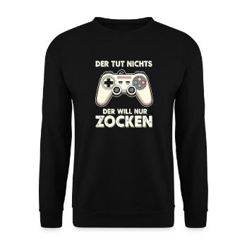 Retro GamePad Spruch: Der tut nichts - Unisex Pullover - Schwarz - Vorne - Alina (178cm) & Michal (187cm)
