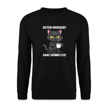 Grimmige Katze Kaffee Guten Morgen - Unisex Pullover - Schwarz - Vorne - Alina (178cm) & Michal (187cm)