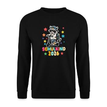 Einschulung Schulkind 2026 Junge Mädchen Waschbär - Unisex Pullover - Schwarz - Vorne - Alina (178cm) & Michal (187cm)