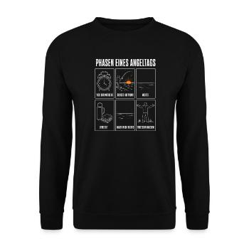 Phasen eines Angeltags Lustiges Angler Motiv mit - Unisex Pullover - Schwarz - Vorne - Alina (178cm) & Michal (187cm)