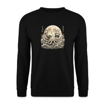 Vintage Oktopus unter Vollmond mit Segelschiff - Unisex Pullover - Schwarz - Vorne - Alina (178cm) & Michal (187cm)