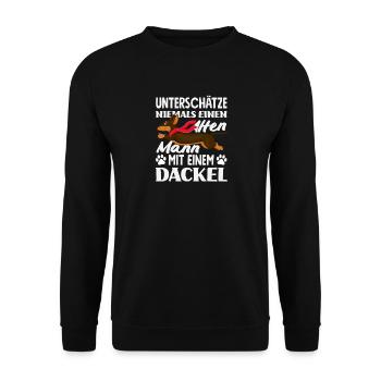 Alter Mann Mit Einem Dackel - Unisex Pullover - Schwarz - Vorne - Alina (178cm) & Michal (187cm)