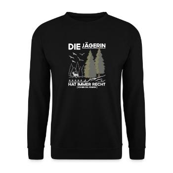 Die Jägerin hat immer Recht - Unisex Pullover - Schwarz - Vorne - Alina (178cm) & Michal (187cm)