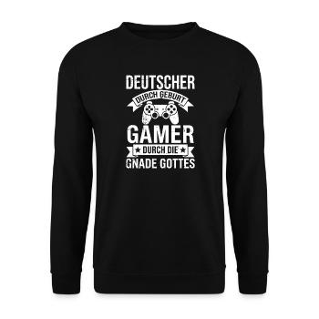 Deutscher Gamer Durch Gottes Gnade - Unisex Pullover - Schwarz - Vorne - Alina (178cm) & Michal (187cm)