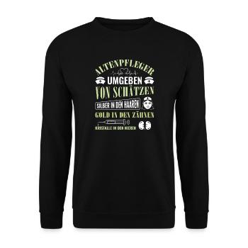 Altenpfleger Geschenk Altenpflege Pflegefachkraft - Unisex Pullover - Schwarz - Vorne - Alina (178cm) & Michal (187cm)