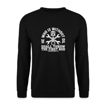 Der, der ohne Öl ist – Automechaniker-Typ - Unisex Pullover - Schwarz - Vorne - Alina (178cm) & Michal (187cm)