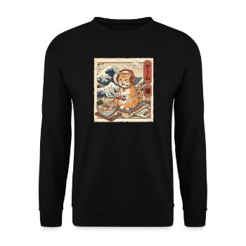 Gamer-Katze isst Ramen Japanische Vintage-Kunst - Unisex Pullover - Schwarz - Vorne - Alina (178cm) & Michal (187cm)