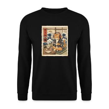 Japanischer Gamer Cat Vintage Ukiyo-e Stil - Unisex Pullover - Schwarz - Vorne - Alina (178cm) & Michal (187cm)