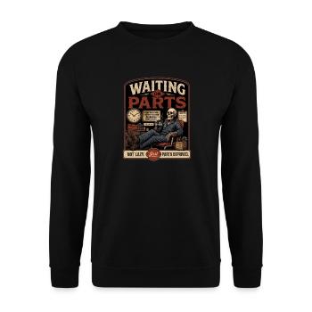 Warten auf Ersatzteile, die nicht faul sind – Automechaniker-Humor - Unisex Pullover - Schwarz - Vorne - Alina (178cm) & Michal (187cm)