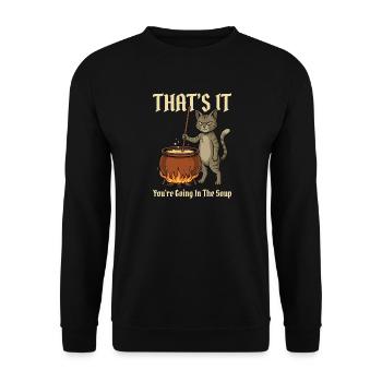 Das war's Du gehst in die Suppe – Mittelalterliche Katze - Unisex Pullover - Schwarz - Vorne - Alina (178cm) & Michal (187cm)