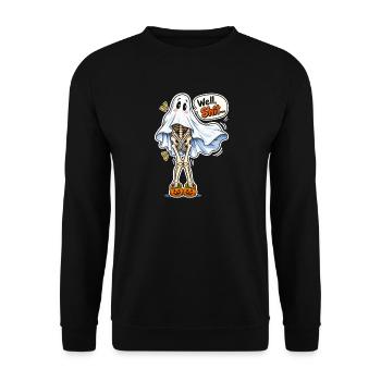 Geist mit Skelett und Kürbis-Pantoffeln - Unisex Pullover - Schwarz - Vorne - Alina (178cm) & Michal (187cm)
