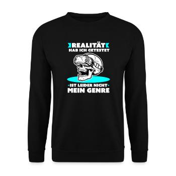 VR‑Schädel: Realität Nicht Mein Genre - Unisex Pullover - Schwarz - Vorne - Alina (178cm) & Michal (187cm)