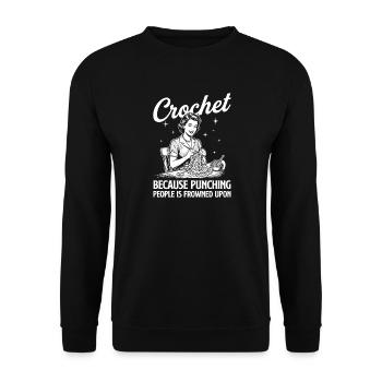 Leute zu schlagen ist verpönt – Häkelhumor - Unisex Pullover - Schwarz - Vorne - Alina (178cm) & Michal (187cm)
