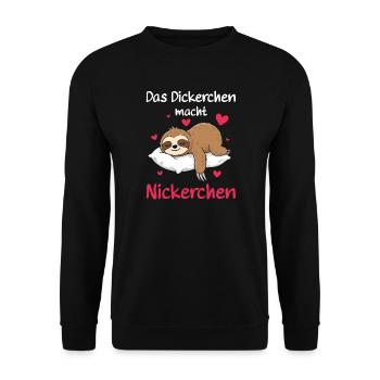Das Dickerchen macht Nickerchen lustiger Faultier - Unisex Pullover - Schwarz - Vorne - Alina (178cm) & Michal (187cm)