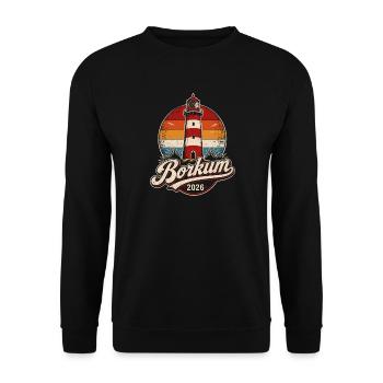 Borkum Leuchtturm 2026 Retro - Unisex Pullover - Schwarz - Vorne - Alina (178cm) & Michal (187cm)
