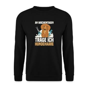 An Wochentagen trage ich Hundehaare - Unisex Pullover - Schwarz - Vorne - Alina (178cm) & Michal (187cm)