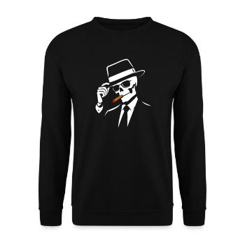 Noir-Skelett mit Fedora und Zigarre - Unisex Pullover - Schwarz - Vorne - Alina (178cm) & Michal (187cm)