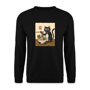 Retro Schwarze Katze Ramen Nudeln Kunst - Unisex Pullover - Schwarz - Vorne - Alina (178cm) & Michal (187cm)