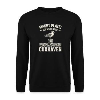 Macht Platz Ich Muss Nach Cuxhaven Möwe - Unisex Pullover - Schwarz - Vorne - Alina (178cm) & Michal (187cm)
