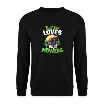 Dieses Kind liebt Rasenmäher – Kleiner Landschaftsgärtner - Unisex Pullover - Schwarz - Vorne - Alina (178cm) & Michal (187cm)