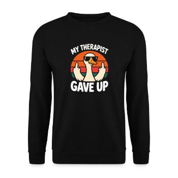 Mein Therapeut hat Duck Tee aufgegeben. - Unisex Pullover - Schwarz - Vorne - Alina (178cm) & Michal (187cm)
