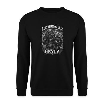 Grýla Julfest Troll mit Weihnachtskatze Nordische  - Unisex Pullover - Schwarz - Vorne - Alina (178cm) & Michal (187cm)